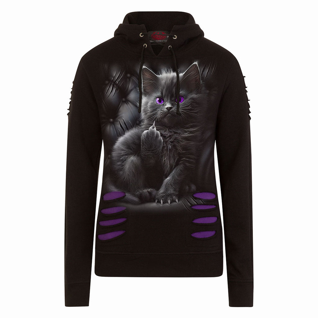 Cattitude Ripped Hoodie – Purple & Black