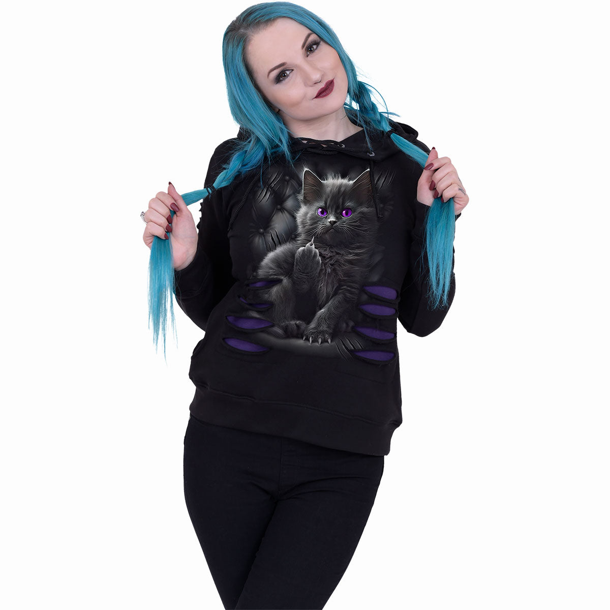 Cattitude Ripped Hoodie – Purple & Black
