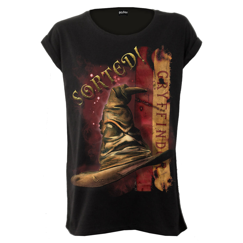 HARRY POTTER - GRYFFINDOR HAT - Boatneck Cap Sleeve Top Black