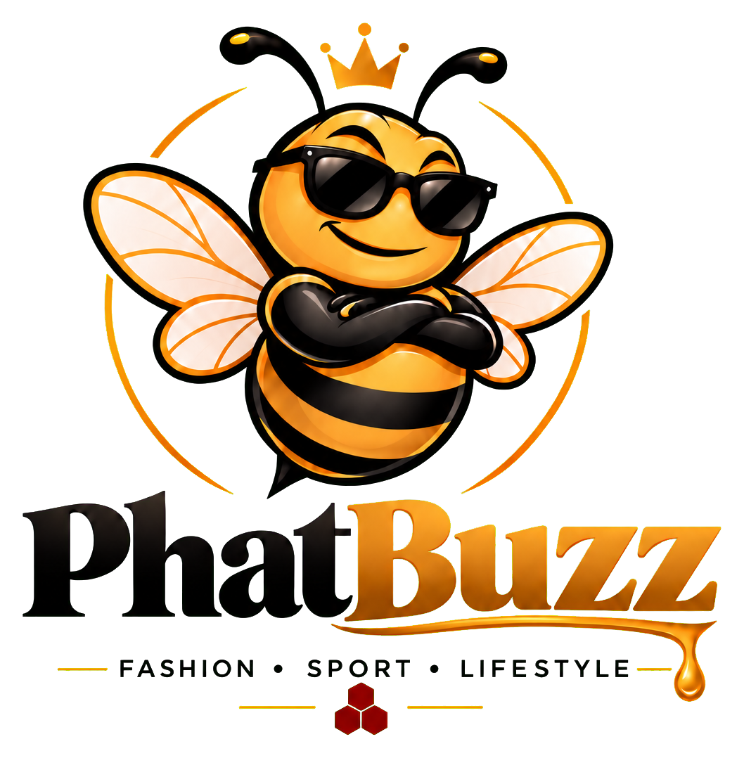 PhatBuzz crowned bee logo and wordmark with compact transparent spacing and gold honey drip